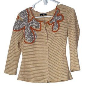 Ryu Womens Knit Cardigan Size Medium Orange Gray Applique Bohemian